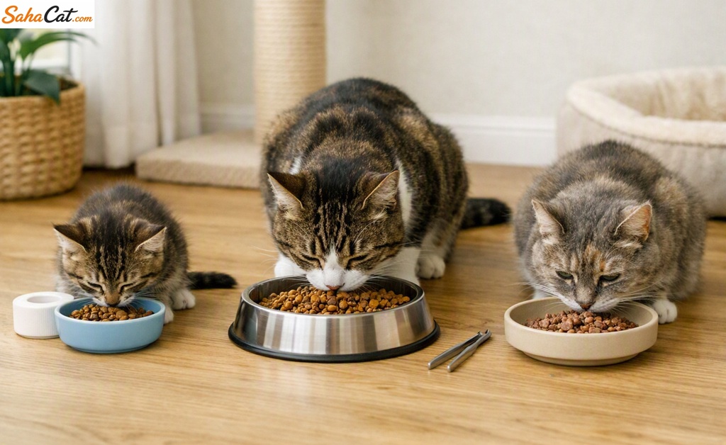 Three cats of different life stages