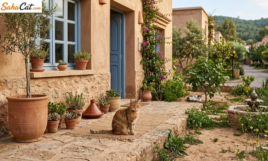 cat sitting outdoors near a house