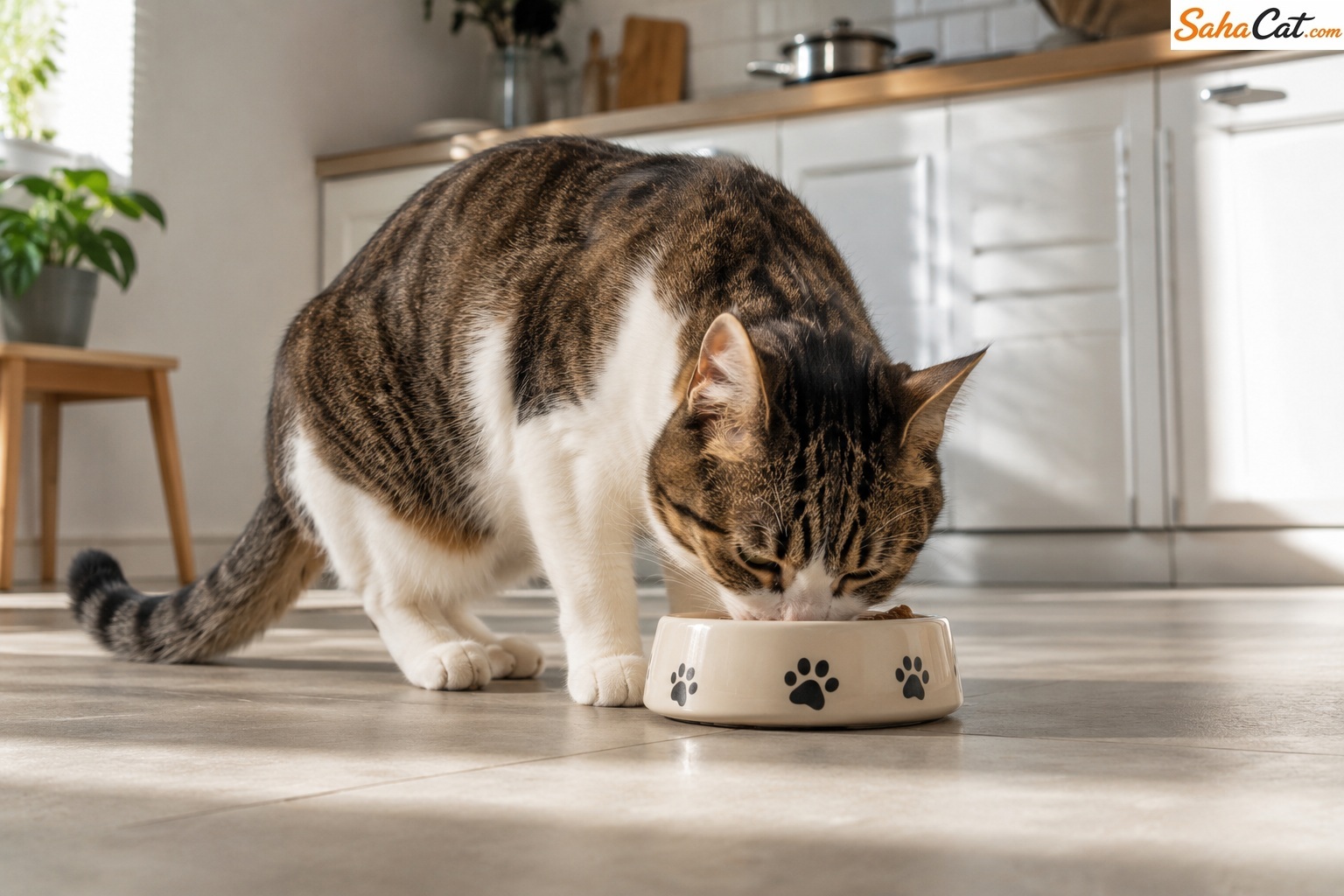 cat eating calmly from bowl