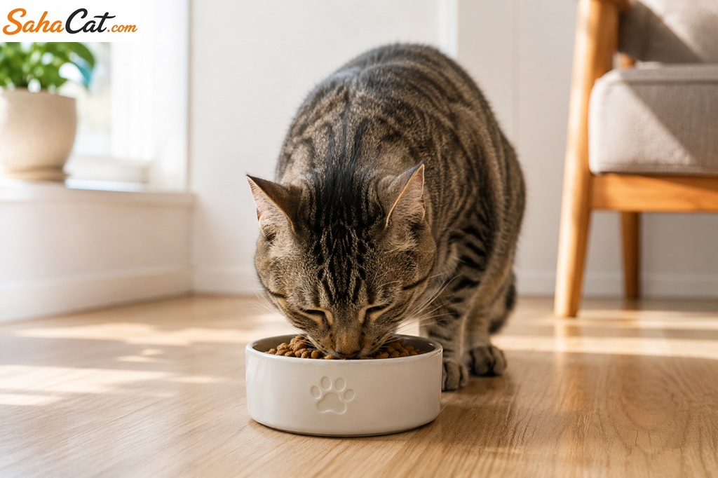 cat eating from a food bowl