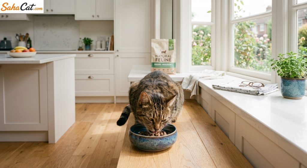 cat eating from ceramic bowl