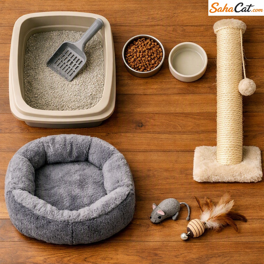 litter box, food and water bowls, a scratching post, a comfortable bed, and a few toys