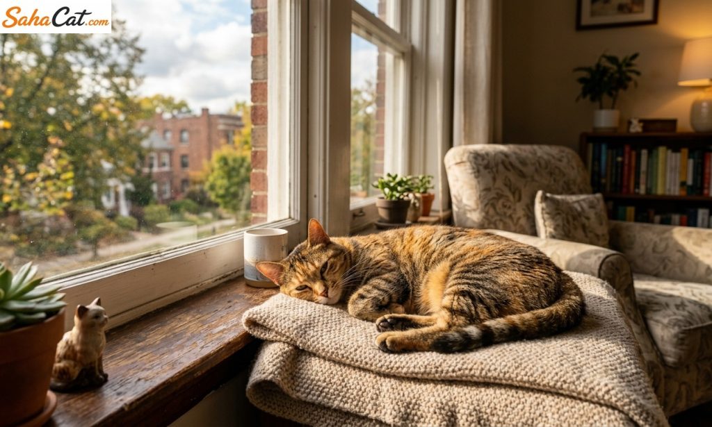 cat lounging comfortably by a window