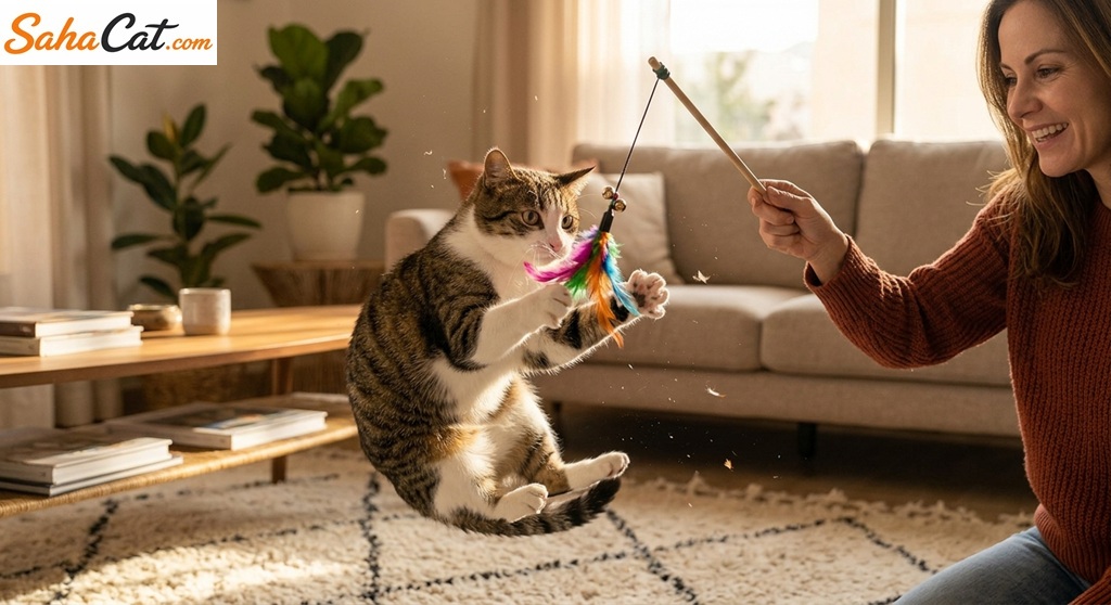 cat playfully wand toy
