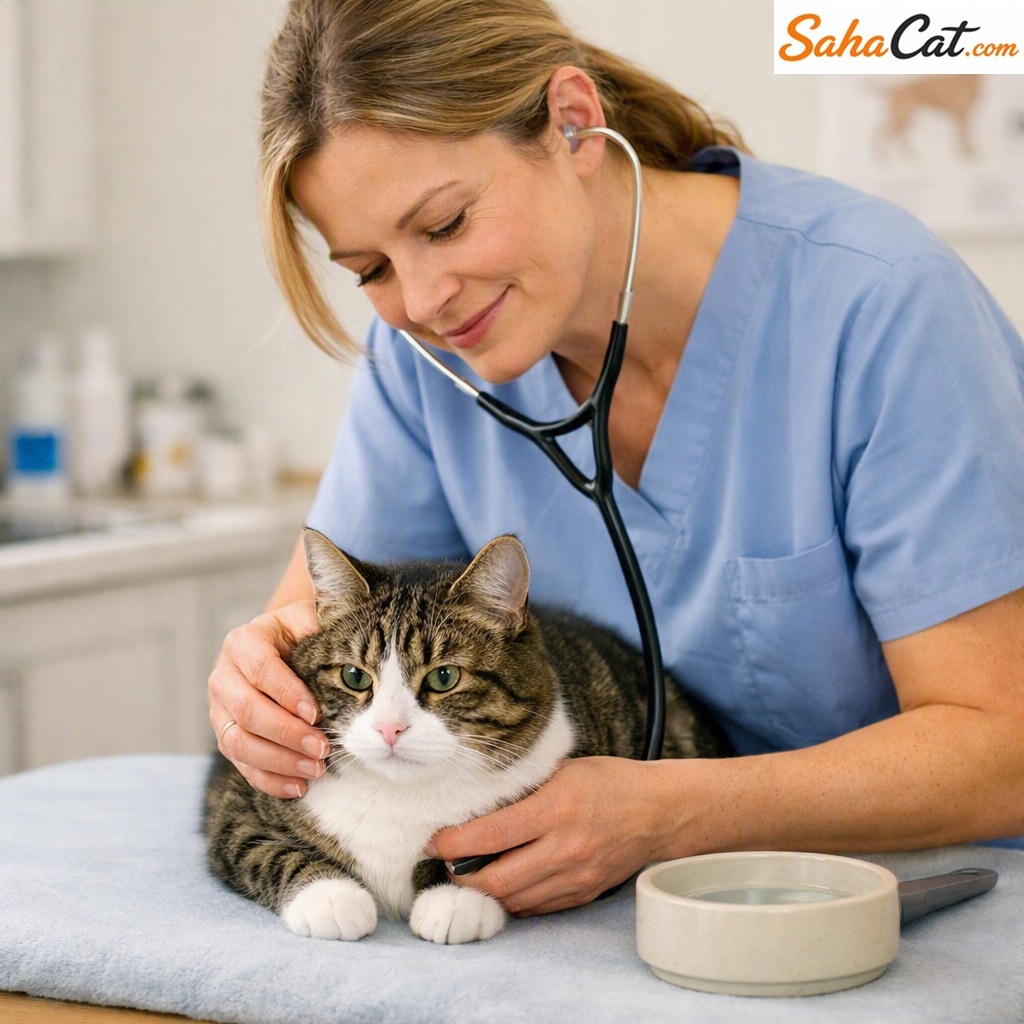 veterinarian gently examining a calm cat