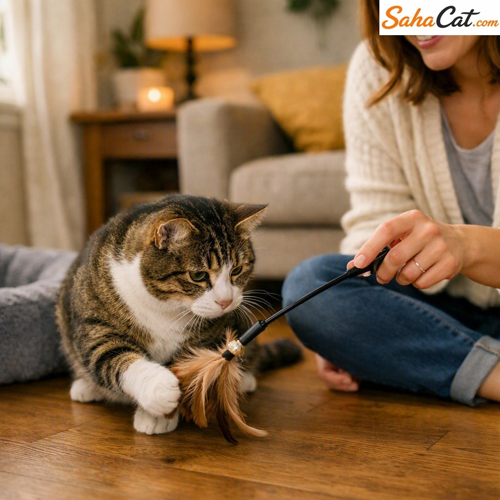 A person sitting on the floor playing with a cat