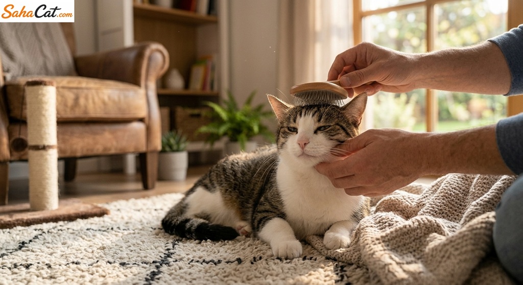 Cat being groomed with a brush