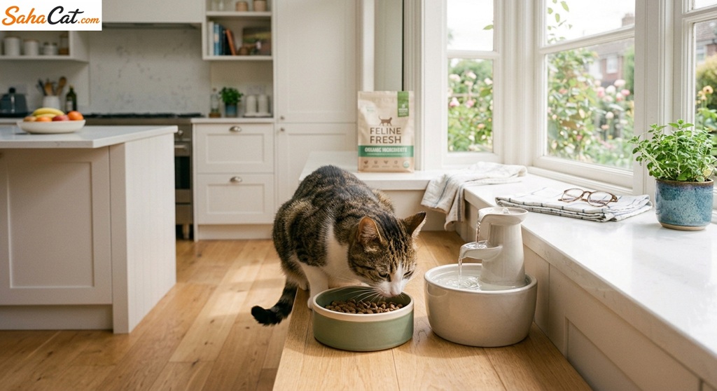 Cat eating from a food bowl