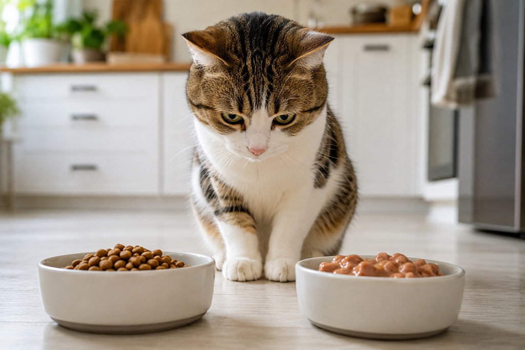 cat looking between two bowls