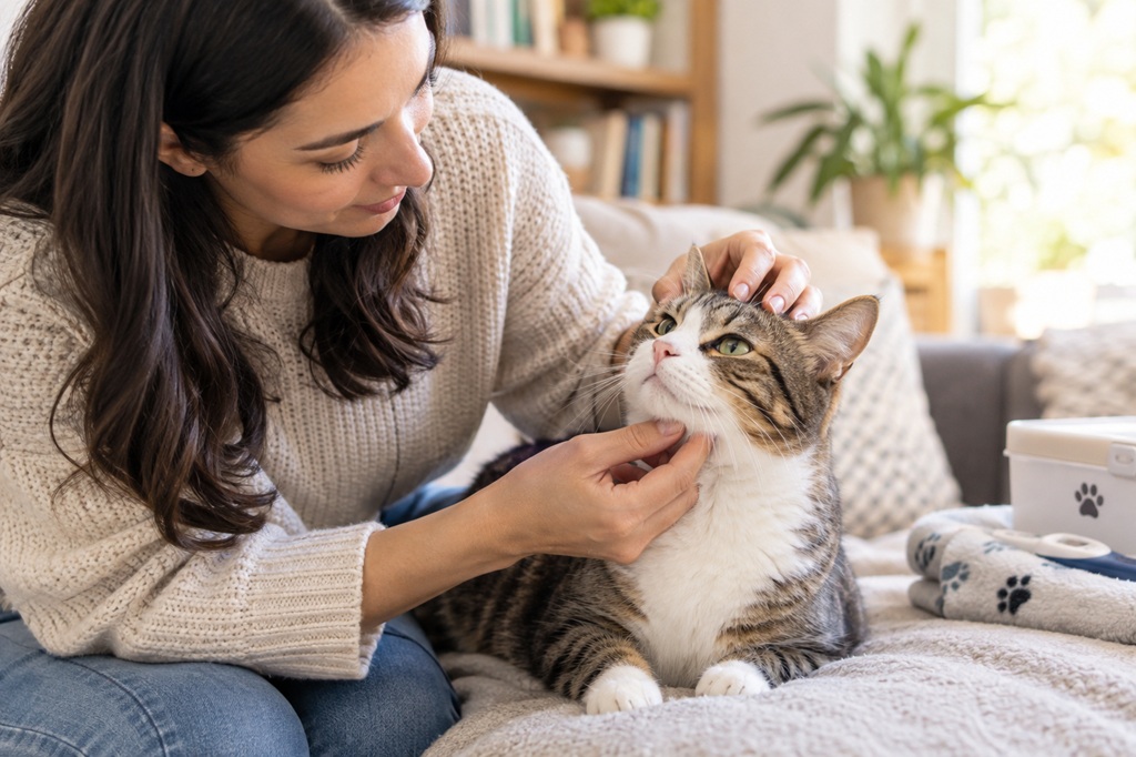 cat owner gently checking their cat