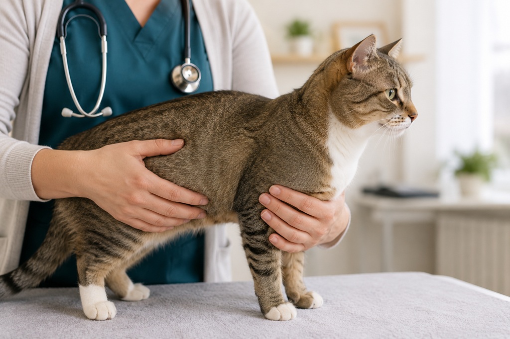 owner gently feeling a cat