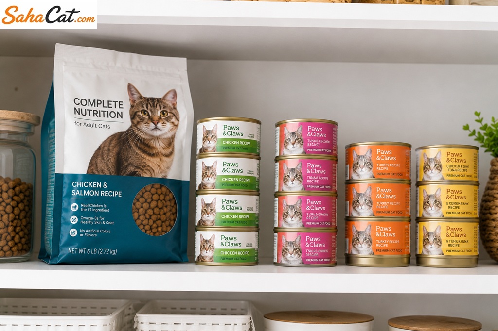 pantry shelf with organized cat food