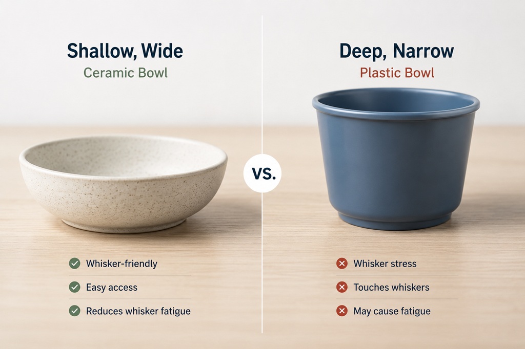 shallow wide ceramic bowl versus a deep narrow plastic bowl