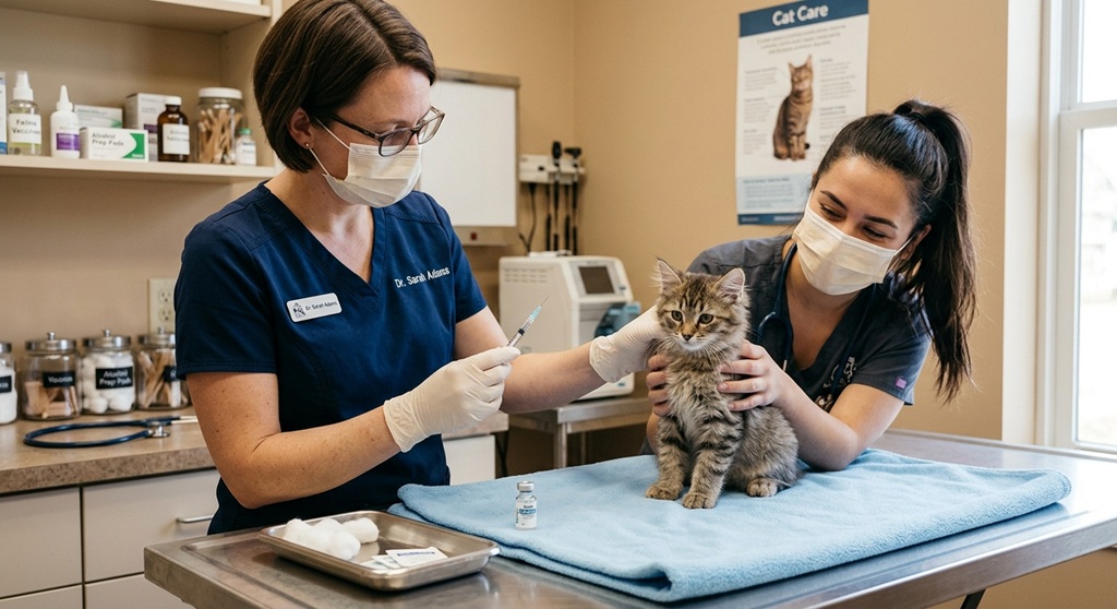 veterinarian preparing to give a calm kitten a vaccination